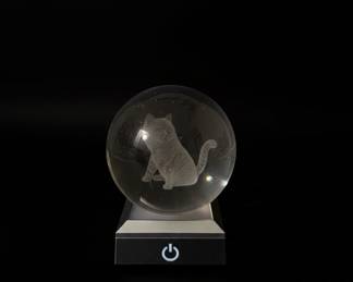3D Laser Engraved Glass Cat Sphere with LED Light Base
