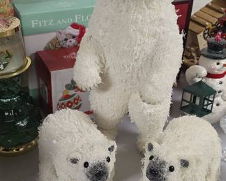 Set of Three Flocked Polar Bear Christmas Figurines