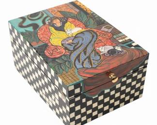 Decorative Hand-Painted Keepsake Box with Checkerboard Base