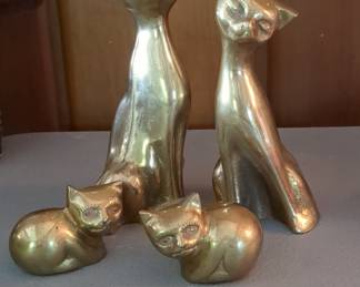 Vintage Mid-Century Modern Solid Brass Siamese Cat Family Figurines
