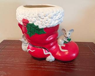 Vintage Ceramic Santa Boot Planter with Mice