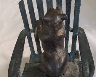 Cast Bronze Cat and Bird on Chair Figurine