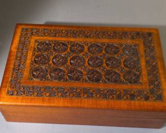 Vintage Polish Folk Art Hand-Carved Wood Trinket Box