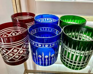 Set of 8 Color Cut to Clear Rocks Glasses 