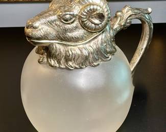 Vintage Silver Plated Ram Head Frosted Glass Pitcher 