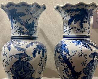 Pair of Blue & White Chinoiserie Vases 