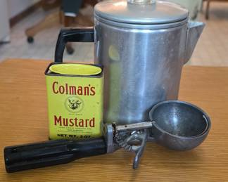 Vintage Kitchen Trio: Aluminum Percolator, Colman's Mustard Tin, and Ice Cream Scoop