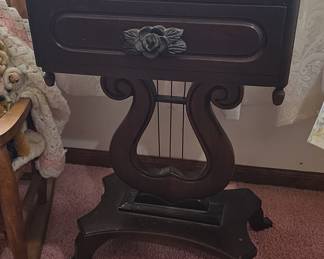 Vintage Kimball Mahogany Lyre-Base Marble Top Side Table