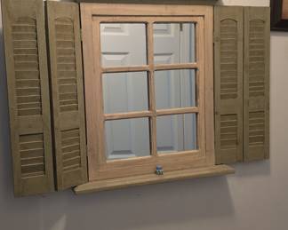 Farmhouse Style Window Pane Wall Mirror with Shutters
