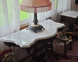 Victorian-Style Lyre Base Marble Top Console Table
