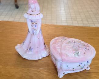 Fenton Pink Burmese Glass Figurine and Heart Box Set