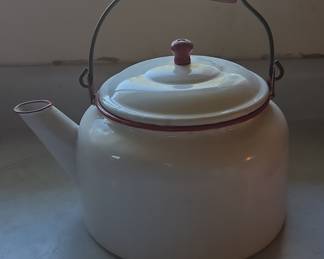 Vintage Enamelware Tea Kettle with Pink Accents