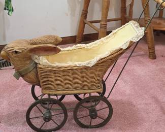 Antique Carved Rabbit-Head Wicker Doll Carriage