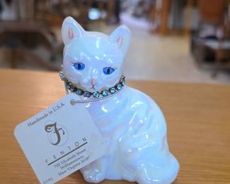 Fenton Iridescent White Glass Cat Figurine