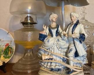 Vintage Porcelain Courting Couple Lamp with matching Lattice shade
