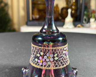 Fenton Art Glass Plum Carnival Hand-Painted Floral and Lattice Bell made for QVC's Museum Collection in 1995