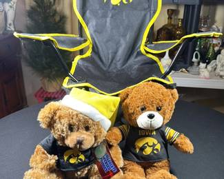 Iowa Hawkeye Merch lot of 3. Kids Folding Lawn Chair & 2 Teddy Bears
