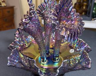 Fenton Art Glass iridescent purple carnival glass 3-horn epergne with a diamond lattice design and ruffled edges