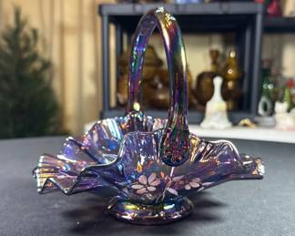 Fenton iridescent amethyst carnival glass ruffled basket with a hand-painted floral design by T. Watson, featuring a signature attributed to Bill Fenton