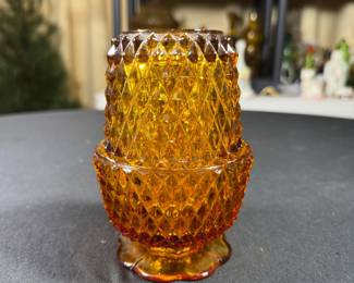 Indiana Glass amber fairy lamp featuring a textured diamond point pattern. 5.25”