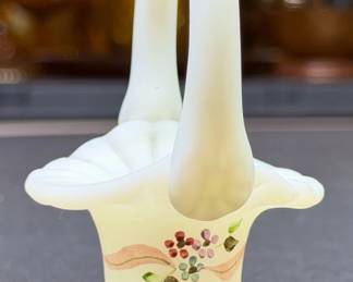 Fenton Ivory Satin 4” Hand Painted Mini Art Glass Basket signed