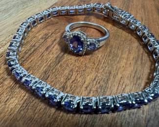 Sterling Silver & Tanzanite Bracelet & Ring combo ~ 925 stamp 18.6 grams