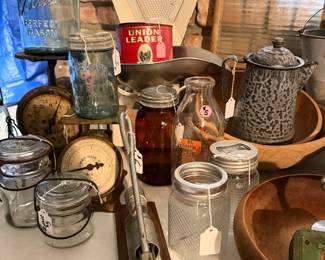 Vintage scales, old mason jars, hand carved wood bowls