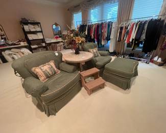 pair of custom chairs and ottoman    just house beautiful   