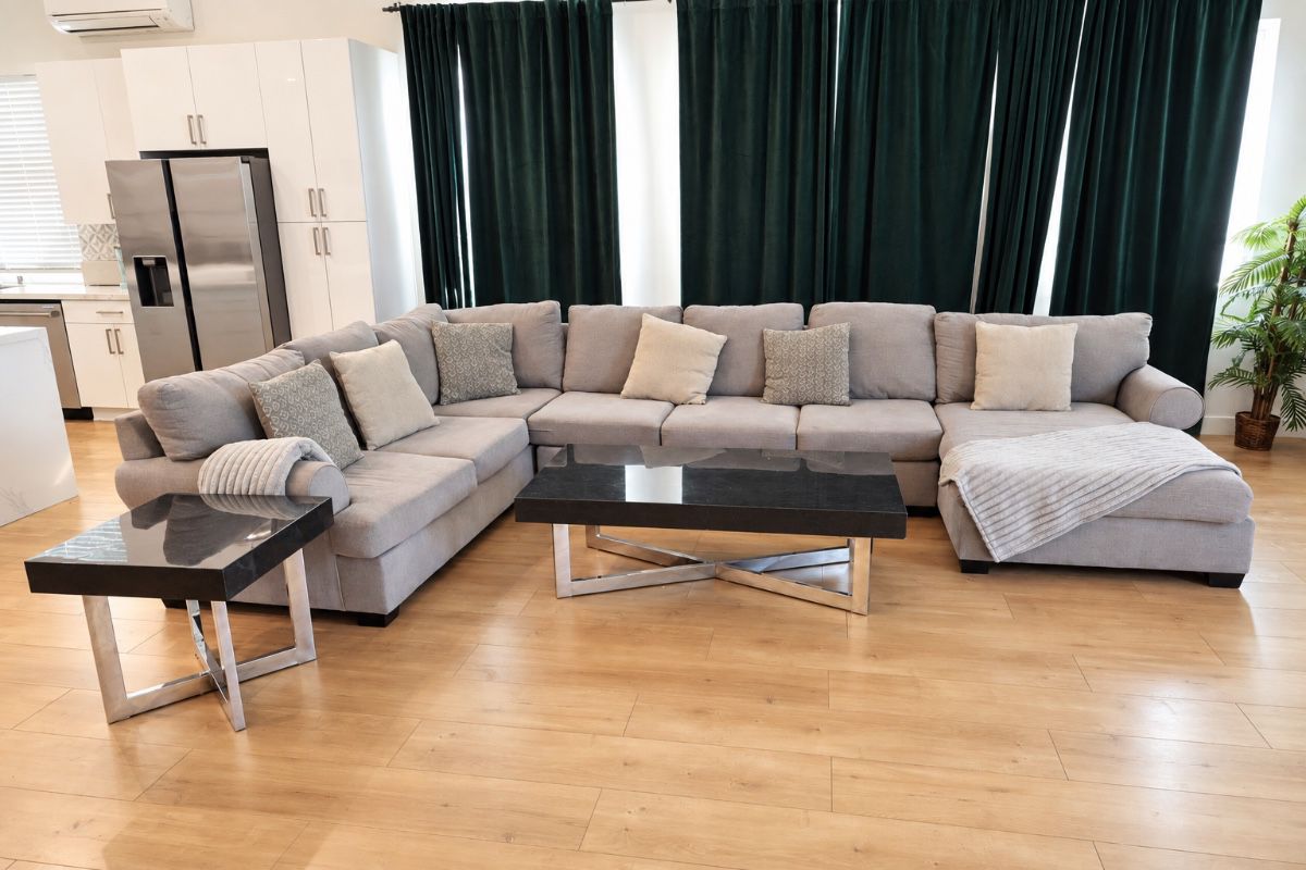 Bright Staged Living Room with Dark Curtains