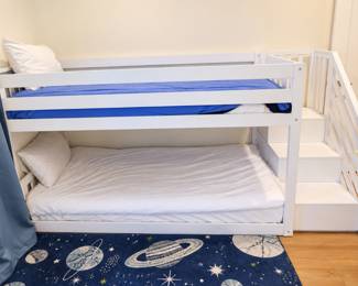 Bright White Bunk Bed with Space Rug