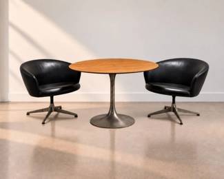 33 VintageRoundPedestalTable2BlackSwivelClubChairs