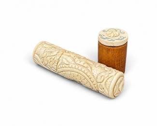 42 CarvedBoneLipstickHolderWoodJarwBoneInlayLid