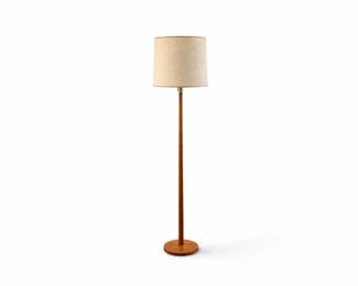 106 VintageSwedishWoodFloorLampwMetalWeightedBaseFabricShade