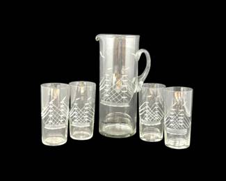 143 VintageMaritimeEtchedGlassPitcher4Tumblers5Pc
