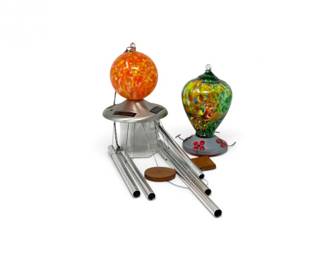 152 HandblownArtGlassBirdFeederWindChime2Pc