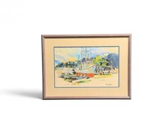 127 BernieWebberOriginalHarborWatercolorSigned1989Framed