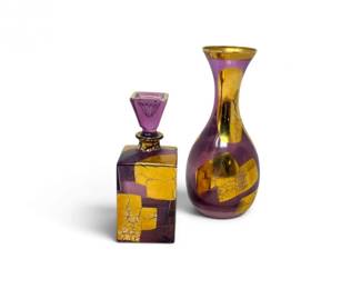 149 SCLinePurpleCrystalVasePerfumeBottlewGoldLeafAccent