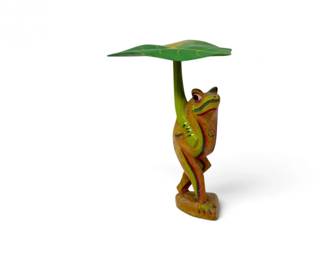 139 HandPaintedWoodenFrogSculpturewWaterLilyLeaf
