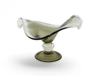 128 LargeHandblownSmokyGlassSculpturalBowlonPedestal