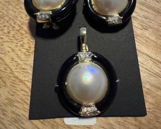 14K Pave Pearl Diamond & Onyx Necklace & Earrings