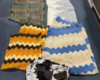 Assorted Crochet & Woven Throw Blanket Lot with Chevron Afghans and Cow Print Blanket