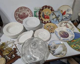 Large Misc. Ceramic Plates Lot With Stands & Glass Food Cover With Floral Base