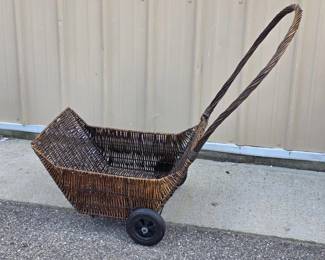Wicker Rolling Garden Cart Basket with Large Carry Handle & Wheels