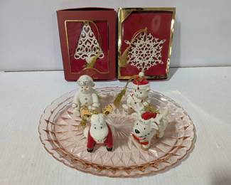 Lenox Porcelain Ornaments & Pink Depression Glass Tray, 4 Character Ornaments, 2 Tree Ornaments
