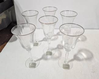 Gorham Set 6 Grand Manor Platinum Wine Glasses, Blown Crystal Glass, Platinum Trim 8 3/8"H x 3 1/2"W