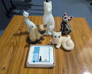 Cat Decor Lot: Vintage White Cat Avon Bottle & Vintage Figurines, 6 Cat Drink Coasters, & Cat Candle