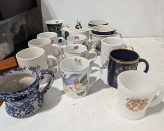 Mugs Lot: Anchor Hocking Mug, Bird Trio, Pair Of Large Loon Lake Mugs, & Panda Tea Pot