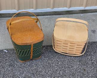 Pair of Woven Wood Picnic Baskets with Hinged Lids & Carry Handles