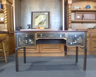 Sligh Black Lacquered Chinoiserie Writing Desk with Chair - Louis XV Style