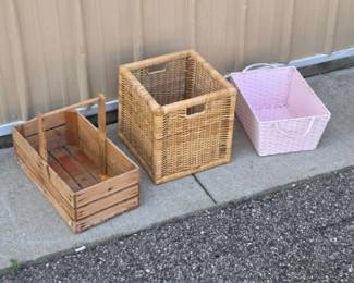 Lot of 3 Woven & Wood Storage Baskets Wicker, Pink & Handled Crate